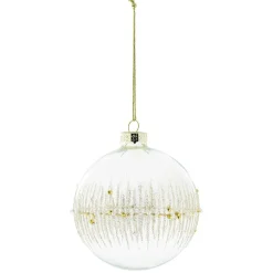Gifi Boule de Noël en verre transparent perle et ligne dorée et blanche^ Décoration Sapin