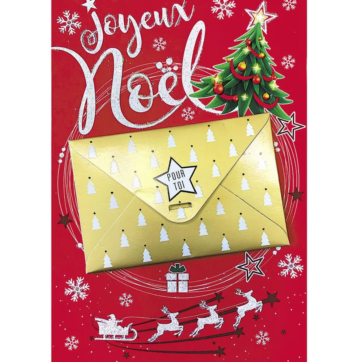 Gifi Carte Joyeux Noël porte billet motif traineau sapin rouge et doré^ Loisirs Créatifs Et Emballage Cadeau