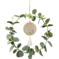Gifi Couronne de Noël feuillage eucalyptus avec suspension bois et pompon Ø25cm^ Loisirs Créatifs Et Emballage Cadeau