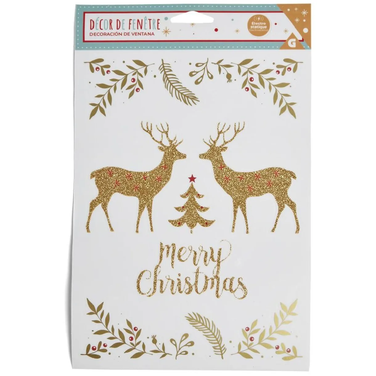 Gifi Décoration fenêtre Noël électrostatique cerf Merry Christmas doré^ Décoration De Fenêtre