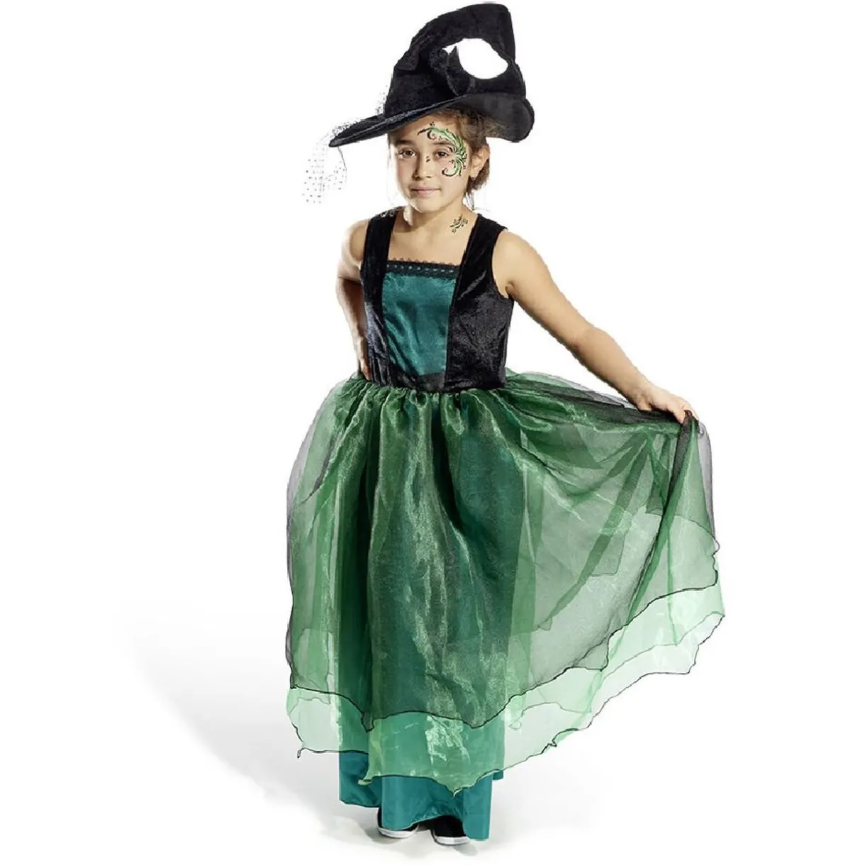Sale Gifi Déguisement enfant Halloween sorcière robe chapeau noir vert 11/14ans