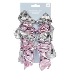 Gifi Noeud de Noël ruban argenté rose et gris x4^ Décoration Sapin