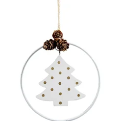 Gifi Suspension cercle métal blanc avec mobile bois et pommes de pin Ø10cm^ Décoration Sapin