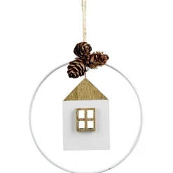 Gifi Suspension cercle métal blanc avec mobile bois et pommes de pin Ø10cm^ Décoration Sapin