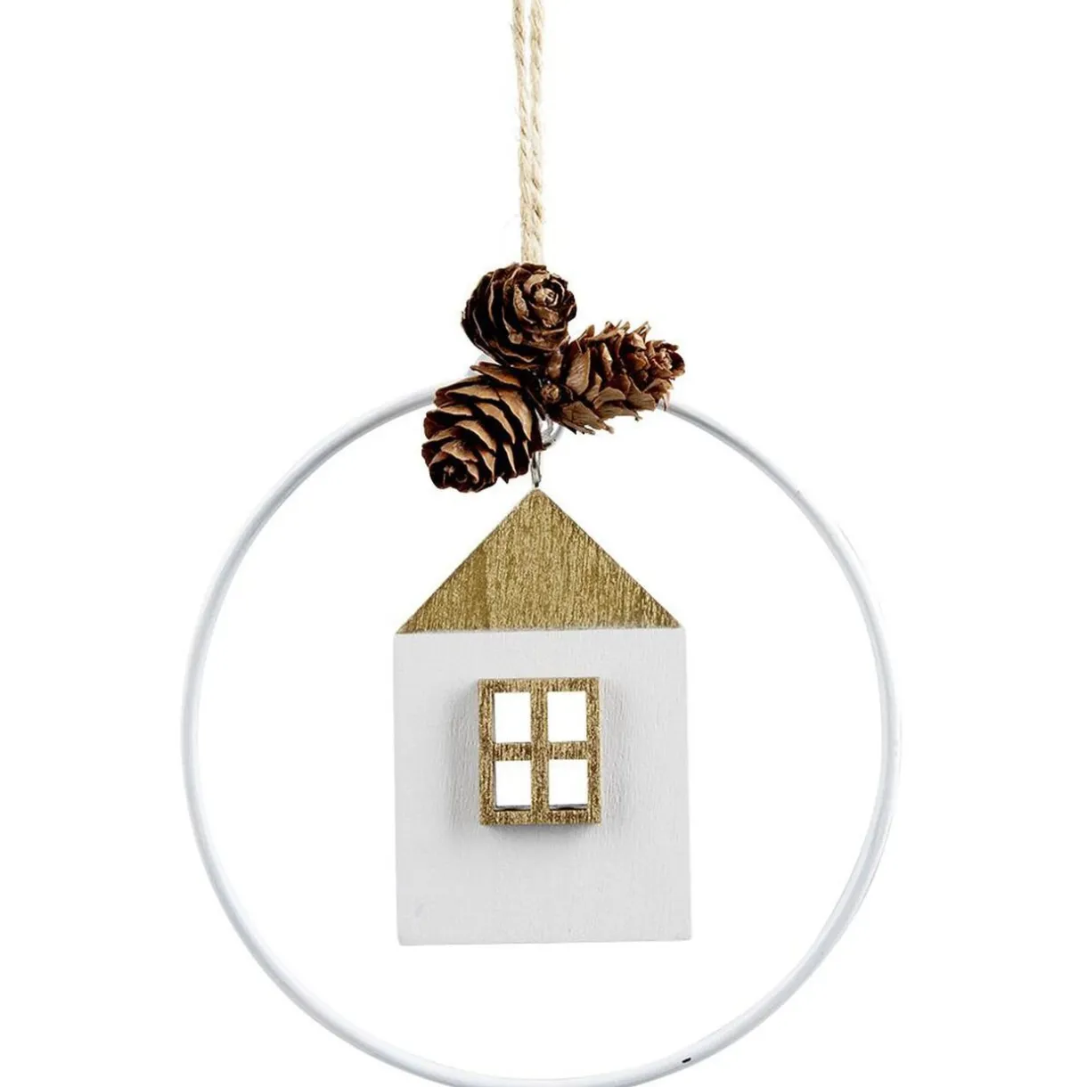 Gifi Suspension cercle métal blanc avec mobile bois et pommes de pin Ø10cm^ Décoration Sapin