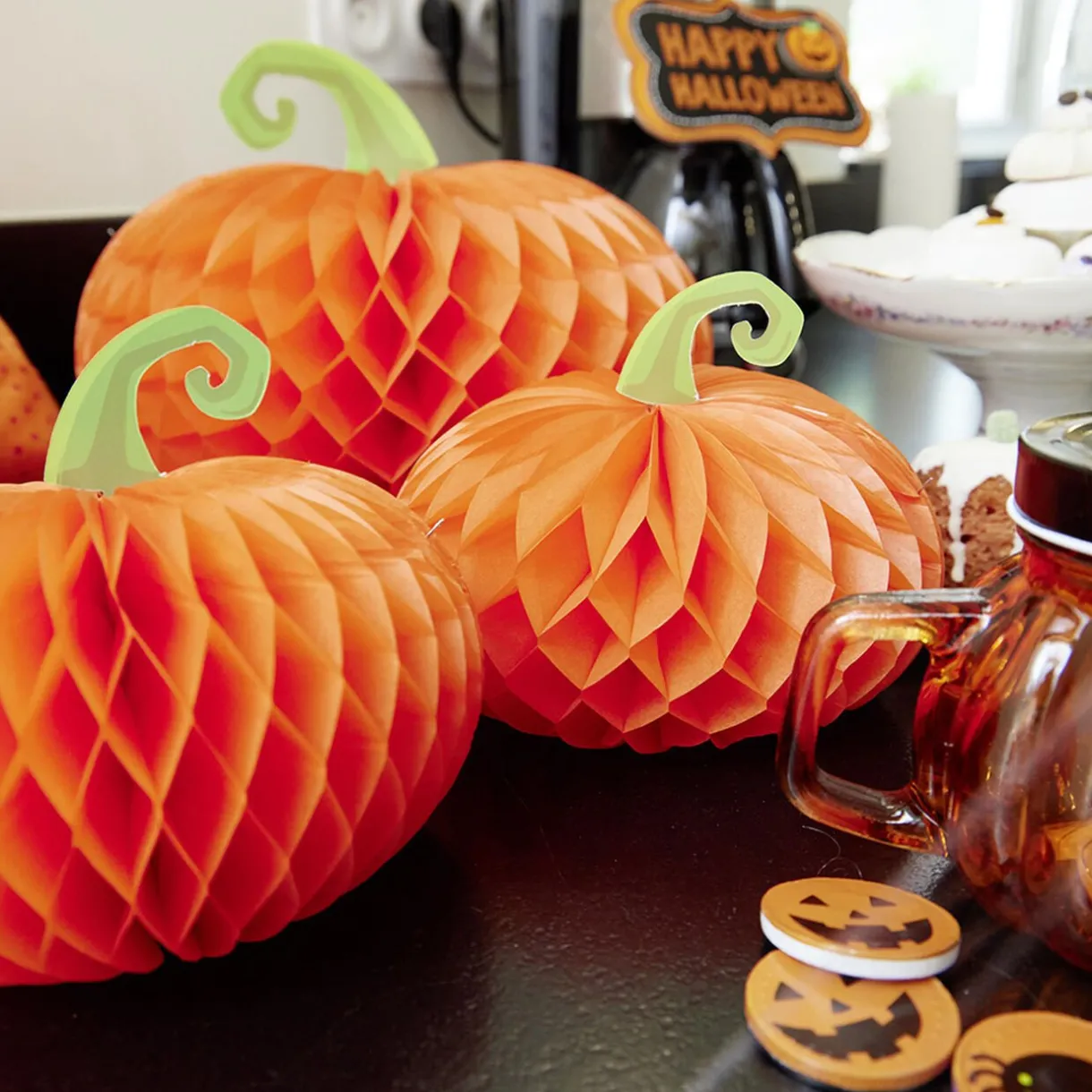 Clearance Gifi Suspension citrouille en papier orange et vert x3