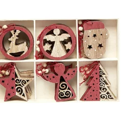 Gifi Suspension de Noël en bois Ange Étoile Renne Sapin naturel rouge x24^ Décoration Sapin
