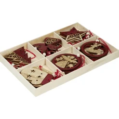 Gifi Suspension de Noël en bois naturel rouge ange étoile renne sapin x24^ Décoration Sapin