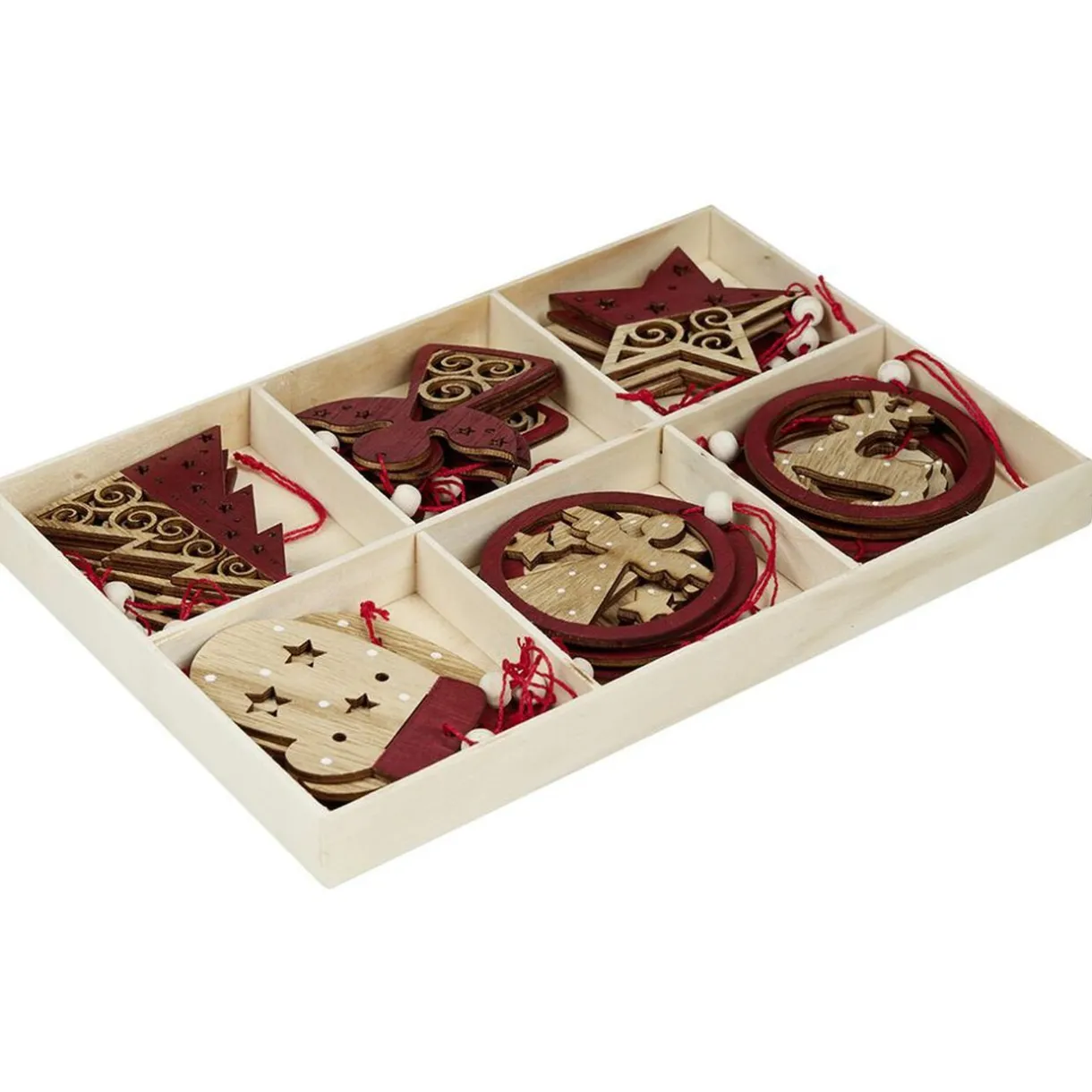 Gifi Suspension de Noël en bois naturel rouge ange étoile renne sapin x24^ Décoration Sapin