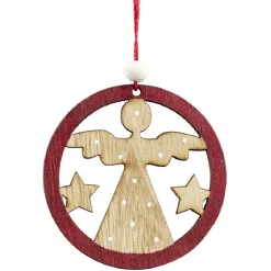 Gifi Suspension de Noël en bois naturel rouge ange étoile renne sapin x24^ Décoration Sapin