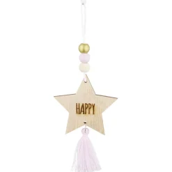 Gifi Suspension Étoile de Noël en bois avec pompon et perles H10,5cm^ Décoration Sapin