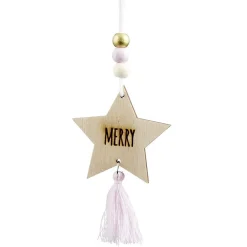 Gifi Suspension Étoile de Noël en bois avec pompon et perles H10,5cm^ Décoration Sapin